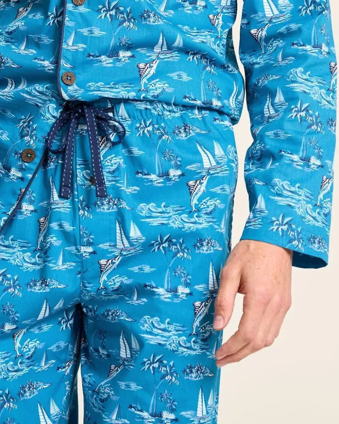 Men Tommy Bahama Loungewear and Pajamas Woven Long Sleeve and Pants Pajama Set Slate Teal