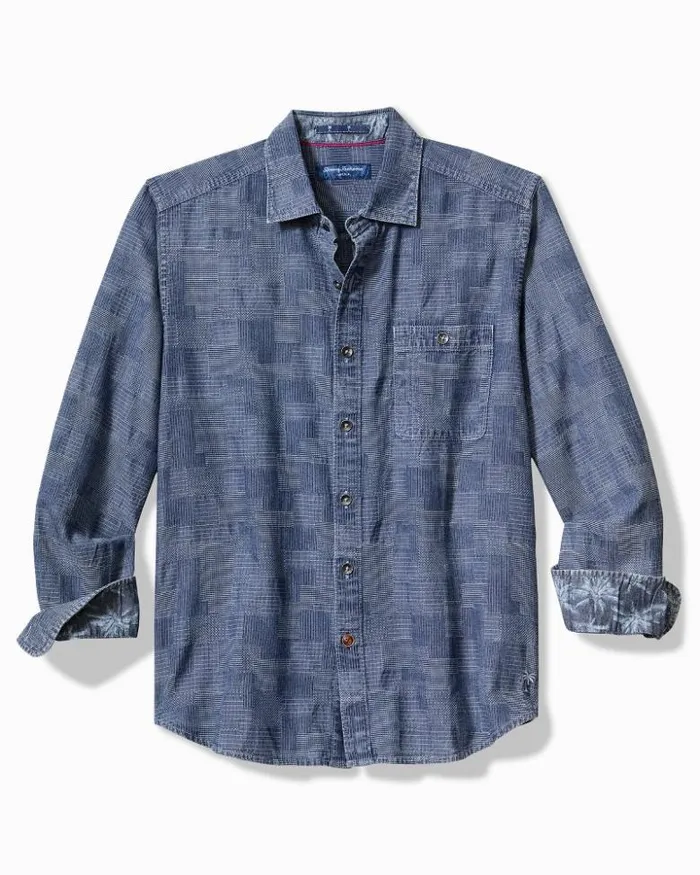 Men Tommy Bahama Shirts Big and Tall Paradise Patchwork LongSleeve Shirt Blue Jean