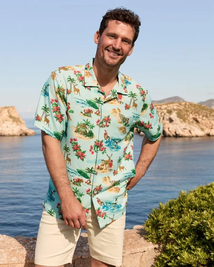 Men Tommy Bahama Shirts Big and Tall Santa Shores Silk Camp Shirt Light Sky