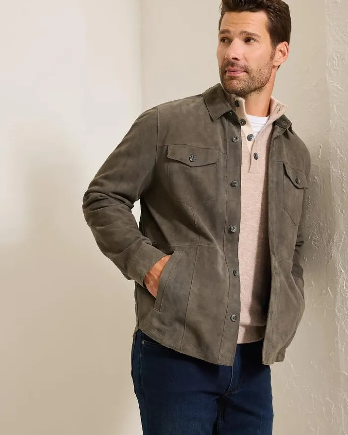 Men Tommy Bahama Shirts Boulder Ridge Suede Shirt Jacket Fog Grey