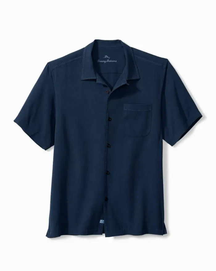 Men Tommy Bahama Shirts Hawaiian Herringbone Camp Shirt Navy