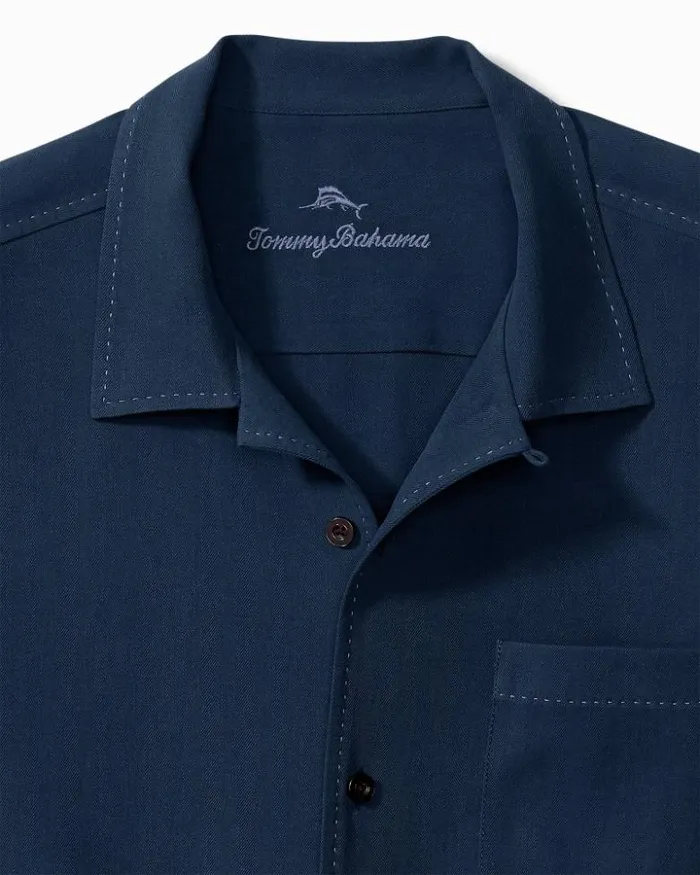 Men Tommy Bahama Shirts Hawaiian Herringbone Camp Shirt Navy