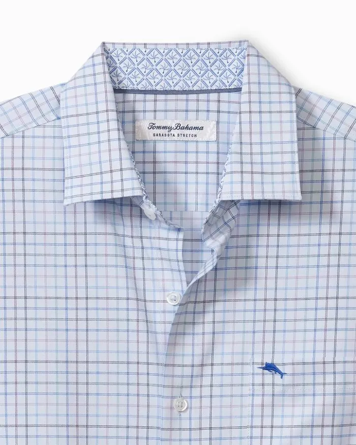 Men Tommy Bahama Shirts Sarasota Stretch Cabo Check IslandZone Shirt Chambray Blue