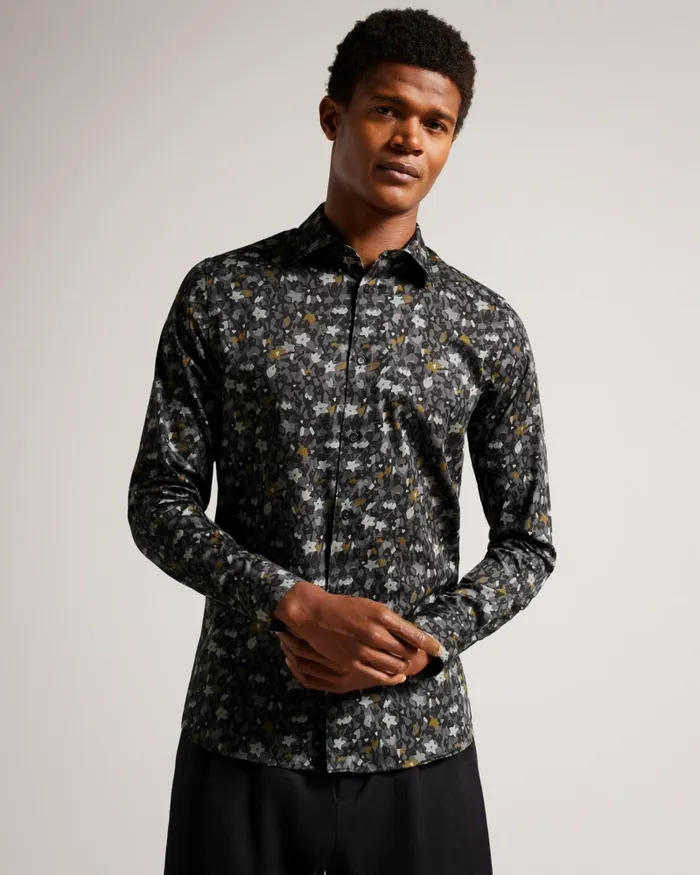 Men TORTED 8211 Long Sleeve Floral Print Shirt Grey Ted Baker Shirts Men TORTED 8211 Long Sleeve Floral Print Shirt Grey Ted Baker Shirts