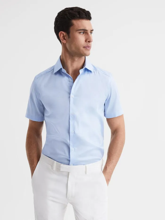 Men Tristan Slim Fit Cotton Satin Short Sleeve Shirt Soft Blue Reiss Shirts