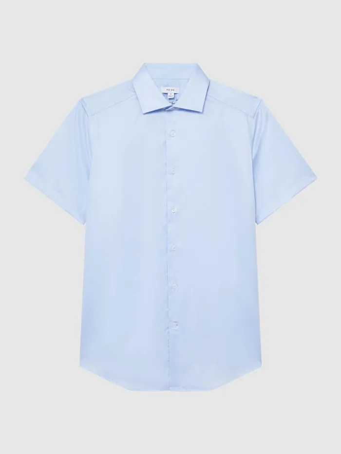 Men Tristan Slim Fit Cotton Satin Short Sleeve Shirt Soft Blue Reiss Shirts