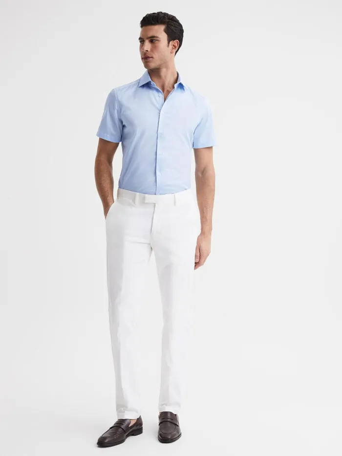Men Tristan Slim Fit Cotton Satin Short Sleeve Shirt Soft Blue Reiss Shirts