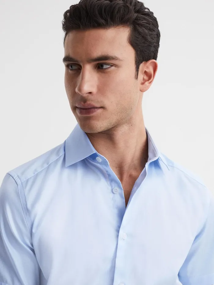 Men Tristan Slim Fit Cotton Satin Short Sleeve Shirt Soft Blue Reiss Shirts