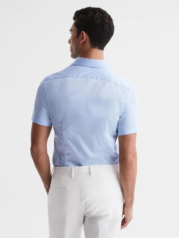 Men Tristan Slim Fit Cotton Satin Short Sleeve Shirt Soft Blue Reiss Shirts