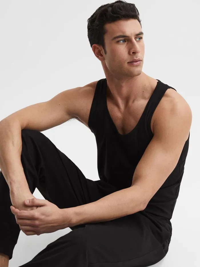 Men Vinnie Cotton Stretch Vest Black Reiss Loungewear and Nightwear