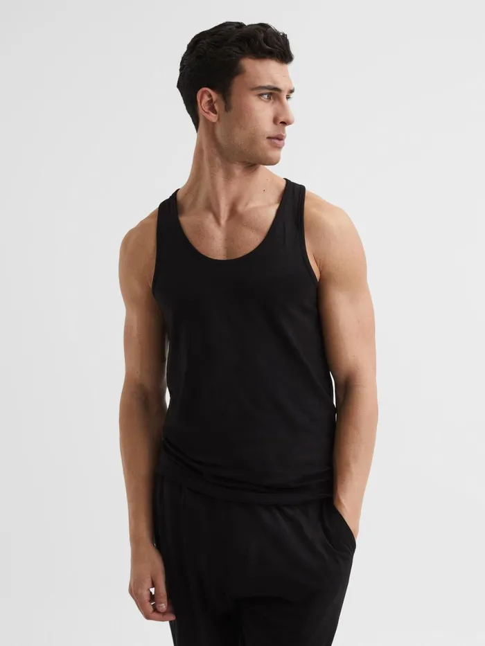 Men Vinnie Cotton Stretch Vest Black Reiss Loungewear and Nightwear