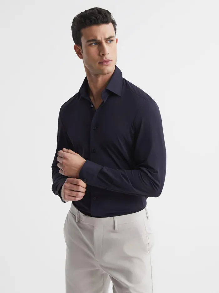 Men Voyager Regular Fit Travel Shirt Navy Reiss Shirts