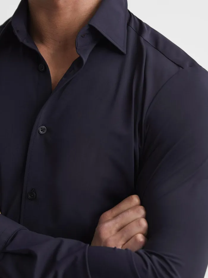 Men Voyager Regular Fit Travel Shirt Navy Reiss Shirts