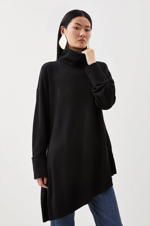 Merino Wool Asymmetric Funnel Neck Knit Jumper Black Women Karen Millen Knitwear