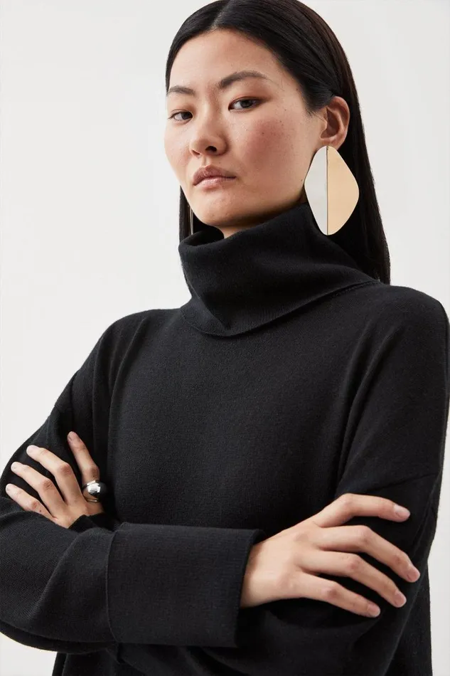 Merino Wool Asymmetric Funnel Neck Knit Jumper Black Women Karen Millen Knitwear
