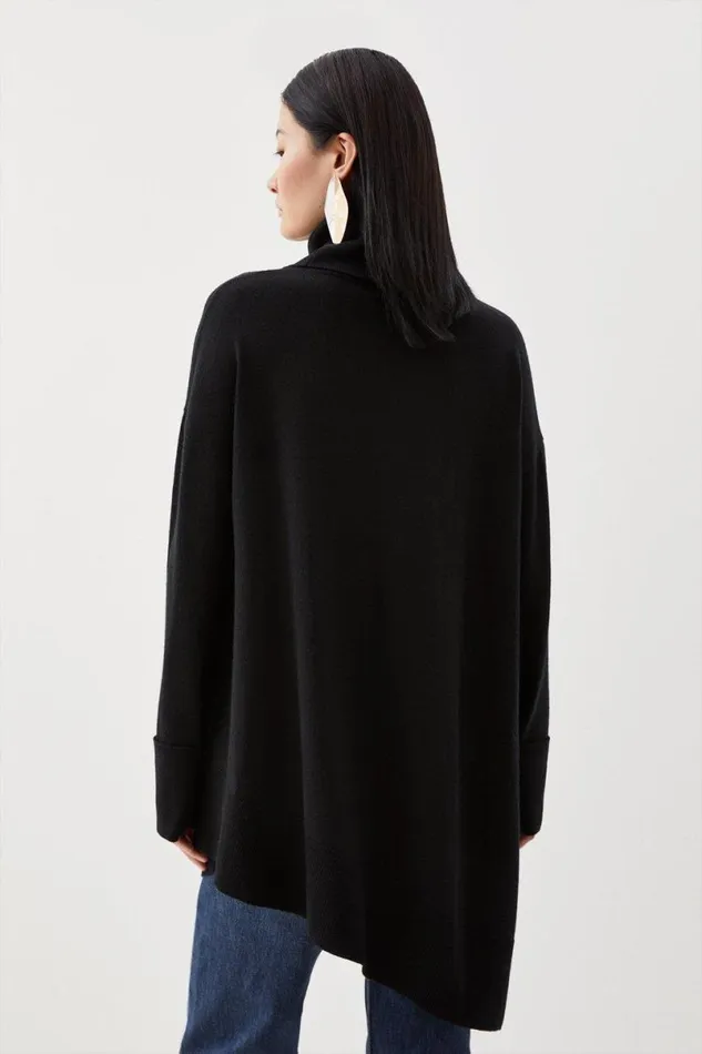 Merino Wool Asymmetric Funnel Neck Knit Jumper Black Women Karen Millen Knitwear