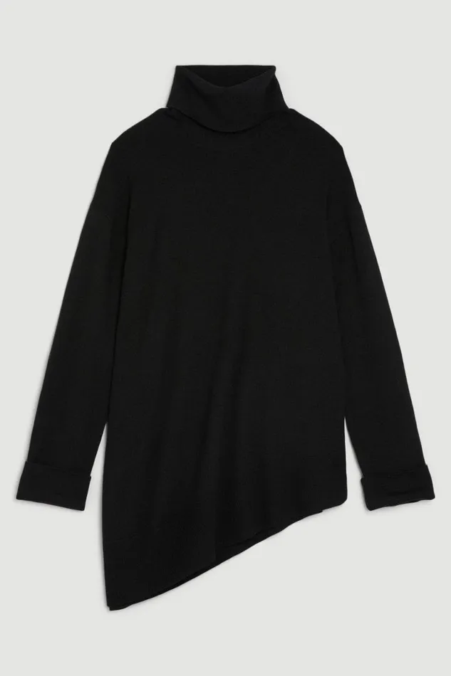 Merino Wool Asymmetric Funnel Neck Knit Jumper Black Women Karen Millen Knitwear