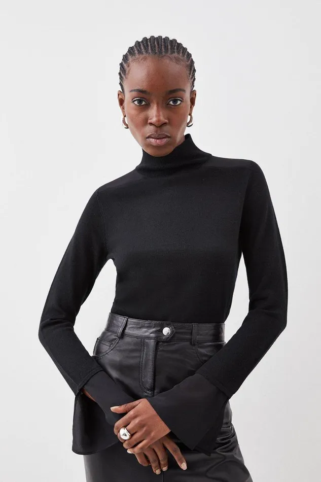 Merino Wool Silk Cuff Knit Jumper Black Women Karen Millen Knitwear