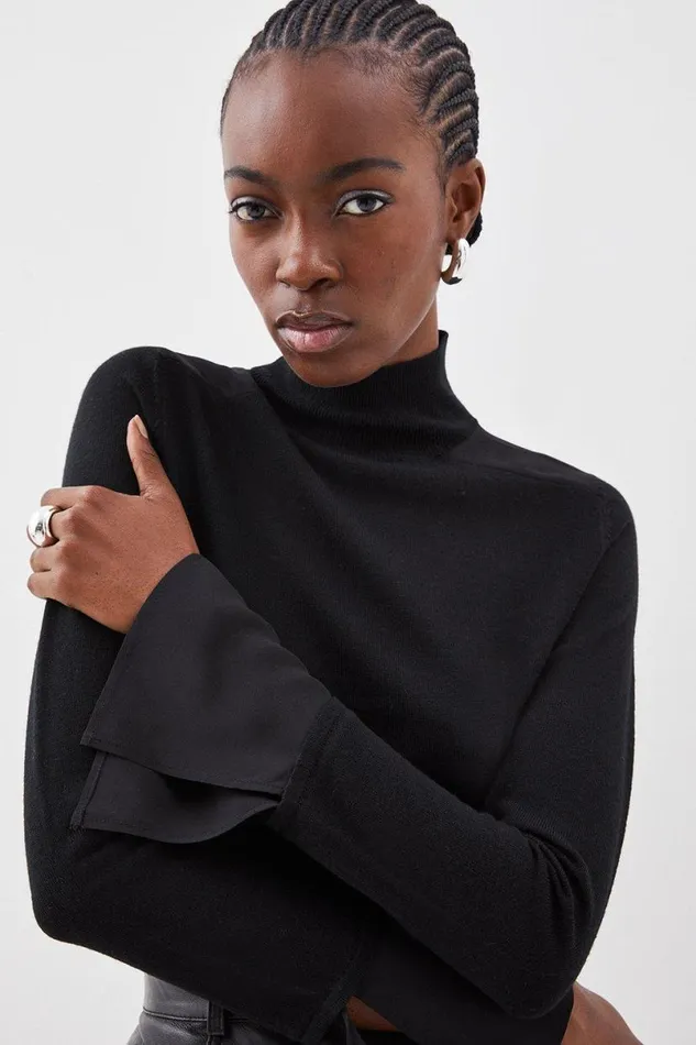 Merino Wool Silk Cuff Knit Jumper Black Women Karen Millen Knitwear