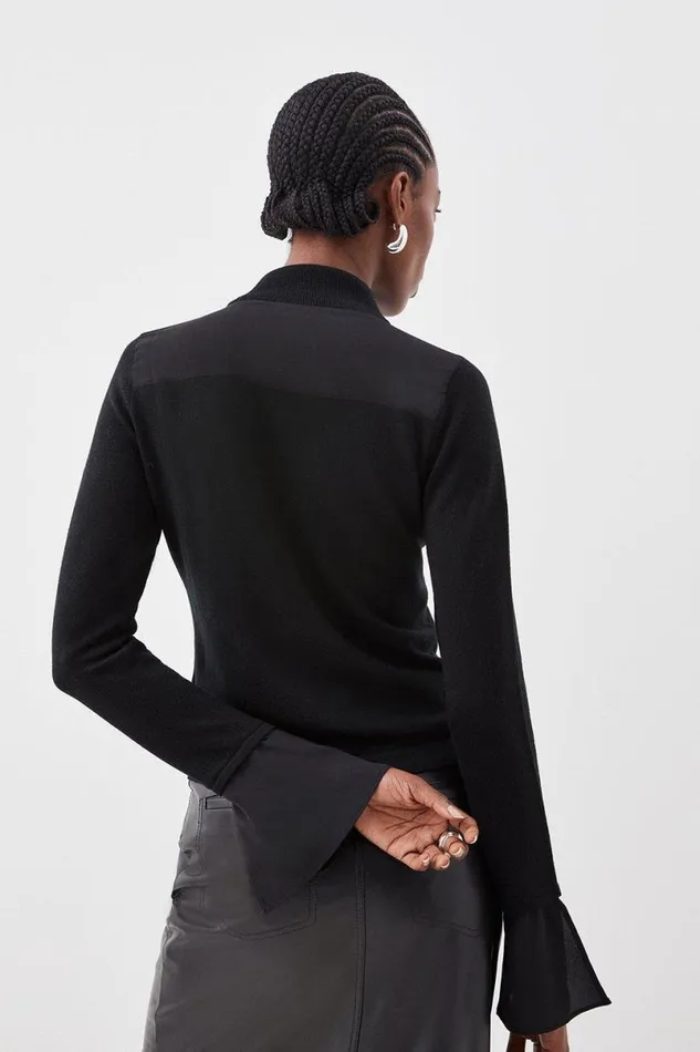 Merino Wool Silk Cuff Knit Jumper Black Women Karen Millen Knitwear