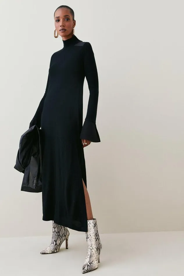 Merino Wool Silk Cuff Maxi Knit Dress Black Women Karen Millen Dresses