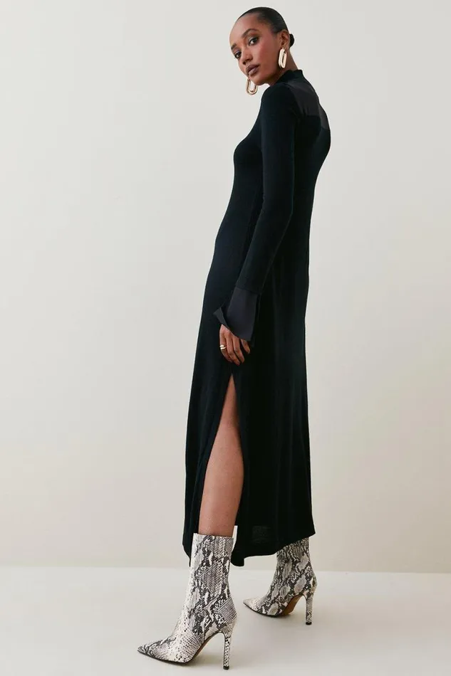 Merino Wool Silk Cuff Maxi Knit Dress Black Women Karen Millen Dresses