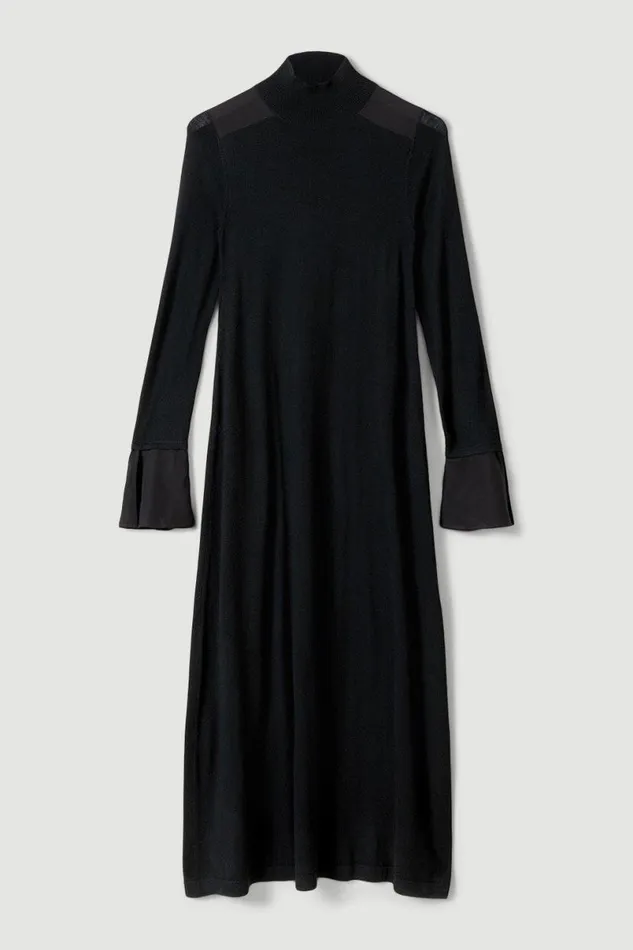 Merino Wool Silk Cuff Maxi Knit Dress Black Women Karen Millen Dresses