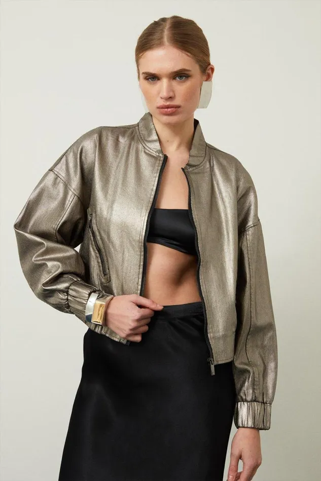 Metallic Denim Woven Bomber Jacket Pewter Women Karen Millen Coats and Jackets