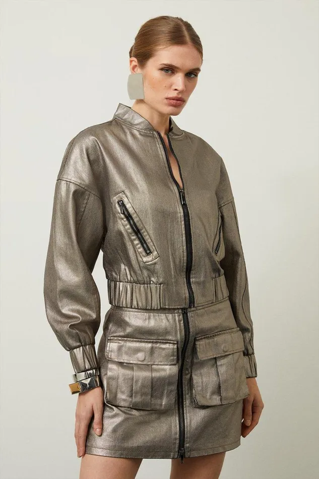 Metallic Denim Woven Bomber Jacket Pewter Women Karen Millen Coats and Jackets