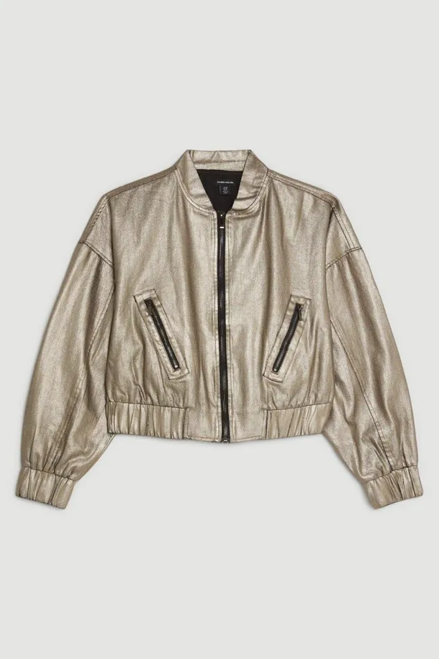 Metallic Denim Woven Bomber Jacket Pewter Women Karen Millen Coats and Jackets