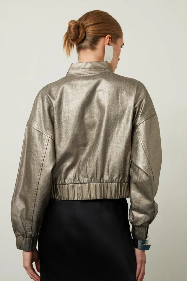 Metallic Denim Woven Bomber Jacket Pewter Women Karen Millen Coats and Jackets