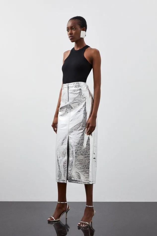 Metallic Faux Leather Midi Skirt Silver Women Karen Millen Skirts