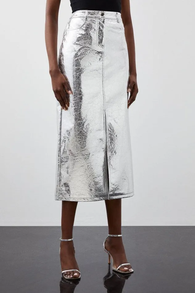 Metallic Faux Leather Midi Skirt Silver Women Karen Millen Skirts