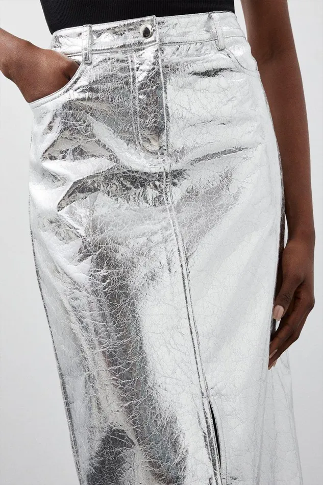 Metallic Faux Leather Midi Skirt Silver Women Karen Millen Skirts