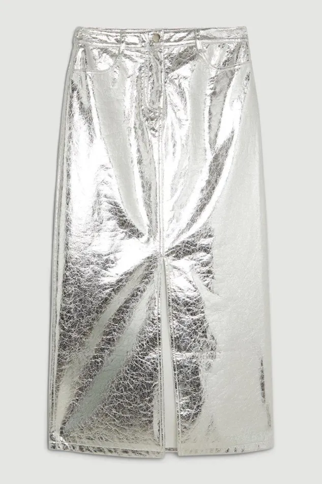 Metallic Faux Leather Midi Skirt Silver Women Karen Millen Skirts