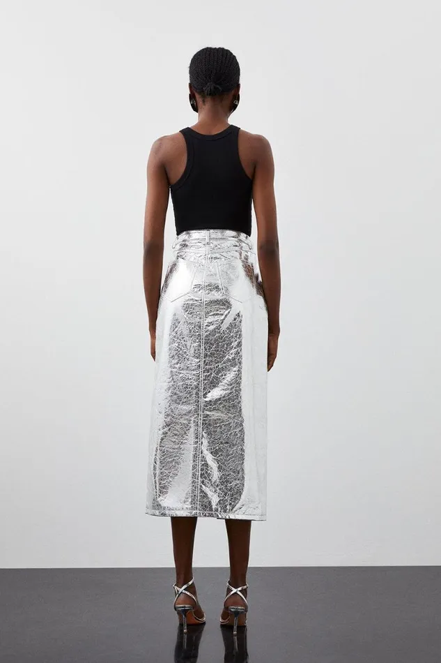 Metallic Faux Leather Midi Skirt Silver Women Karen Millen Skirts