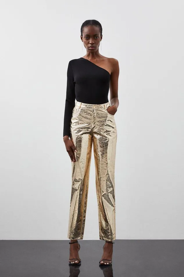 Metallic Faux Leather Straight Trousers Gold Women Karen Millen Trousers