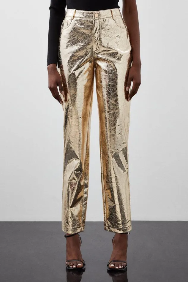 Metallic Faux Leather Straight Trousers Gold Women Karen Millen Trousers