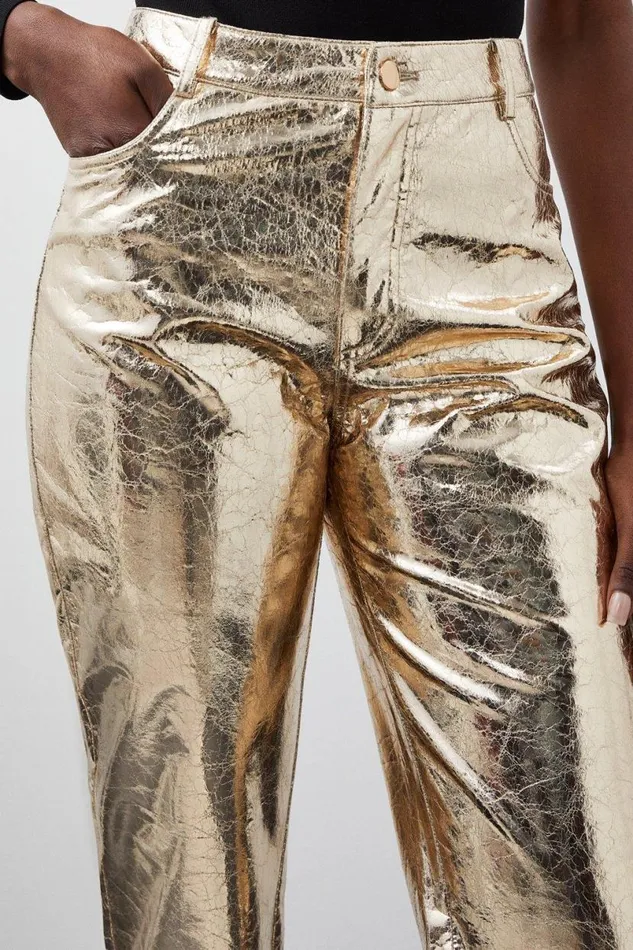 Metallic Faux Leather Straight Trousers Gold Women Karen Millen Trousers