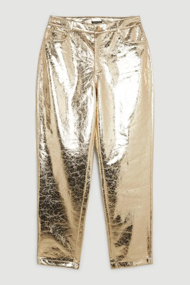 Metallic Faux Leather Straight Trousers Gold Women Karen Millen Trousers