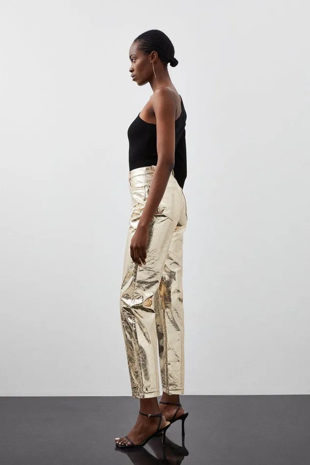 Metallic Faux Leather Straight Trousers Gold Women Karen Millen Trousers