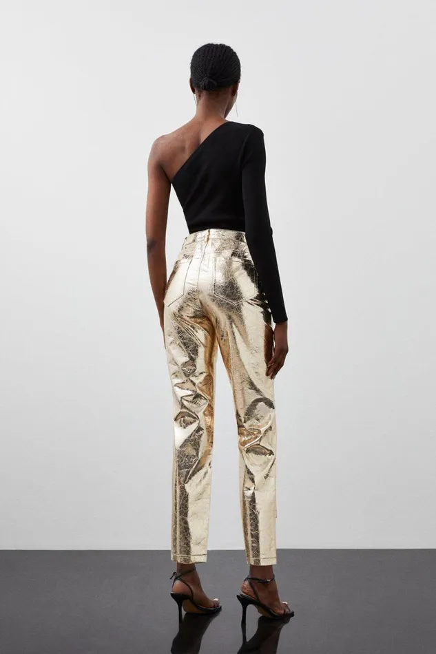Metallic Faux Leather Straight Trousers Gold Women Karen Millen Trousers