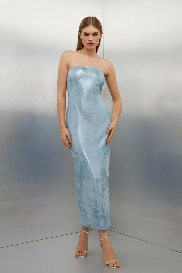 Metallic Ponte Bandeau Dress Blue Women Karen Millen Dresses