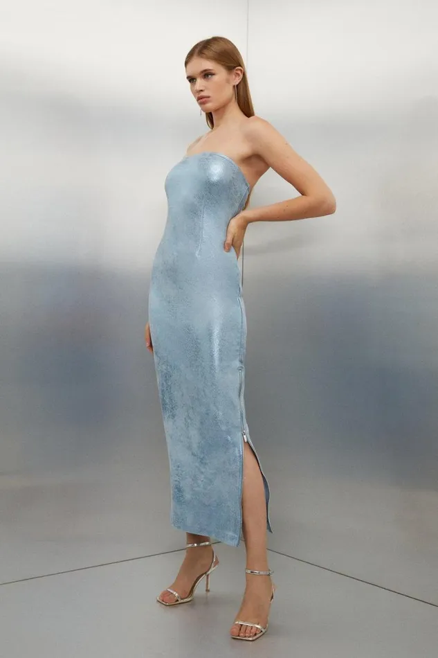 Metallic Ponte Bandeau Dress Blue Women Karen Millen Dresses
