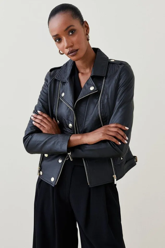 Military Leather Biker Black Women Karen Millen Coats and Jackets