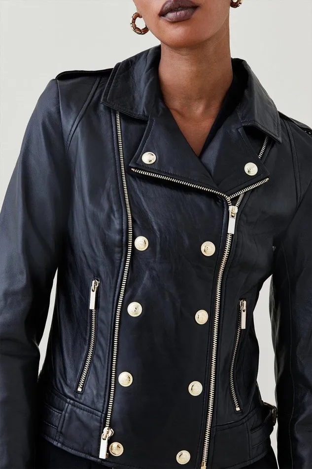 Military Leather Biker Black Women Karen Millen Coats and Jackets