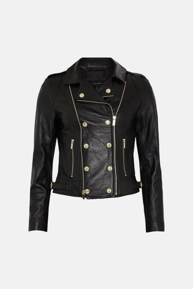 Military Leather Biker Black Women Karen Millen Coats and Jackets