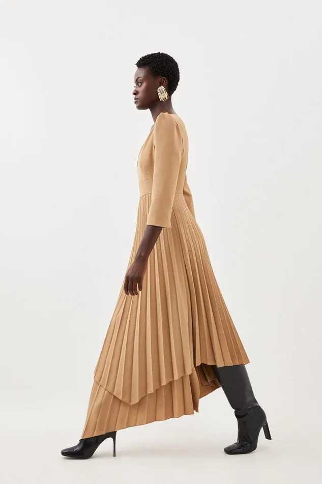 Military Pleat Panelled V Neck Tailored Midi Dress Camel Women Karen Millen Dresses
