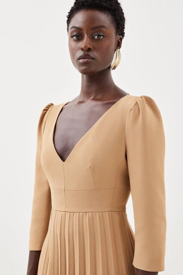 Military Pleat Panelled V Neck Tailored Midi Dress Camel Women Karen Millen Dresses