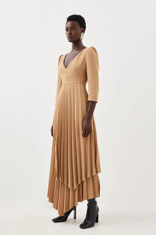 Military Pleat Panelled V Neck Tailored Midi Dress Camel Women Karen Millen Dresses